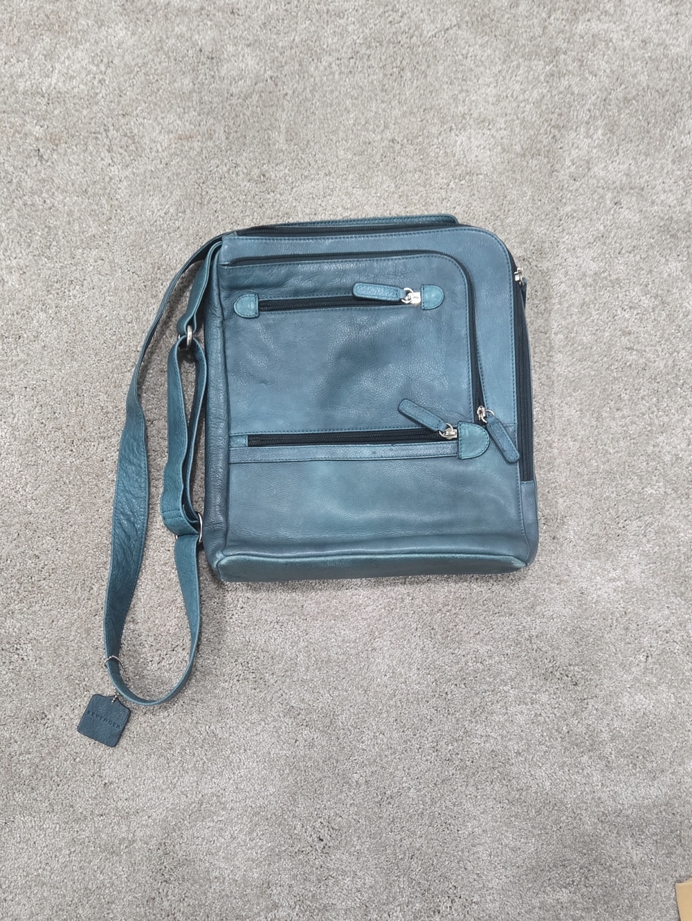 Levenger Teal Leather Crossbody Bag with Front Zip Pockets